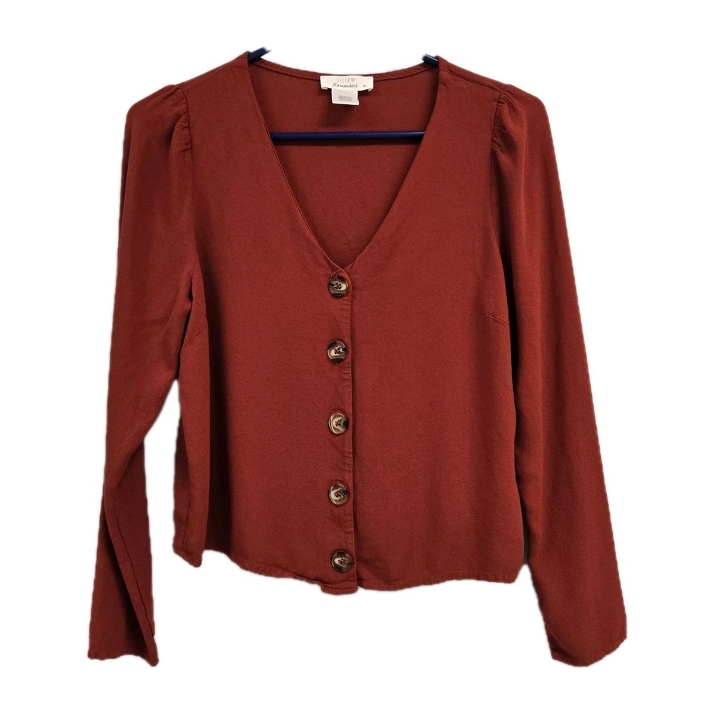 Urban Romantics V Neck Button Up Blouse Puff Sleeve‎ Boho Peasant Rust *Flawed*